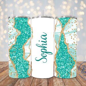 Personalized Turquoise Tumbler, Teal Glitter Tumbler, Turquoise Sparkle Tumbler